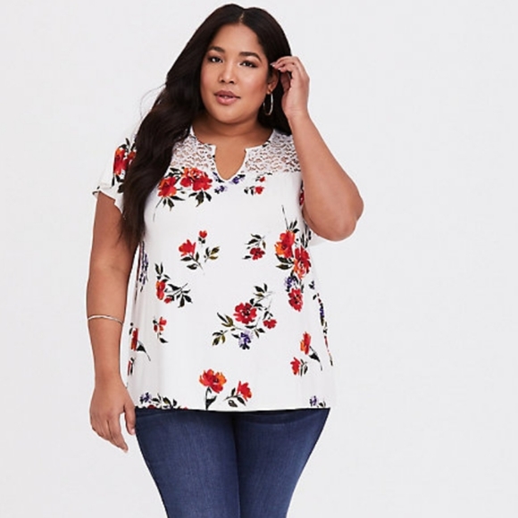 torrid Tops - TORRID Super Soft White Floral Lace Tee